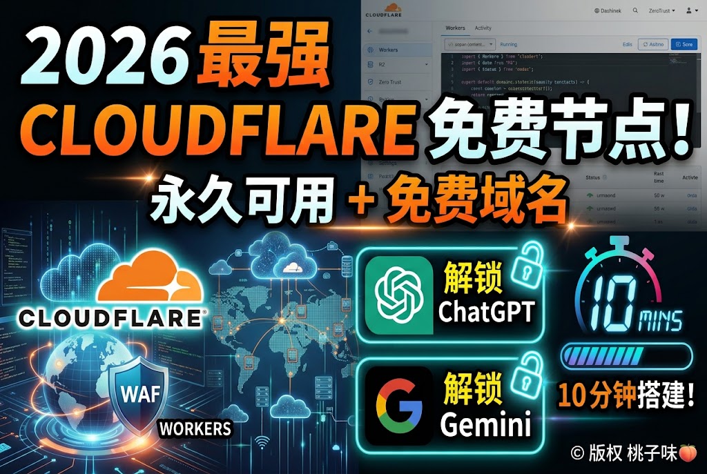 经验福利—2026 最强 Cloudflare 免费节点!永久可用+免费域名|10分钟搭建|解锁 ChatGPT / Gemini !